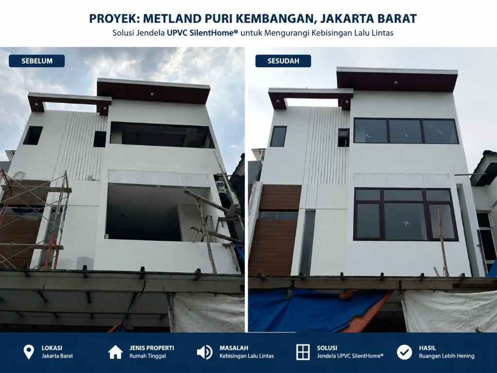 Perbandingan sebelum dan sesudah pemasangan jendela UPVC SilentHome di Metland Puri Kembangan Jakarta Barat