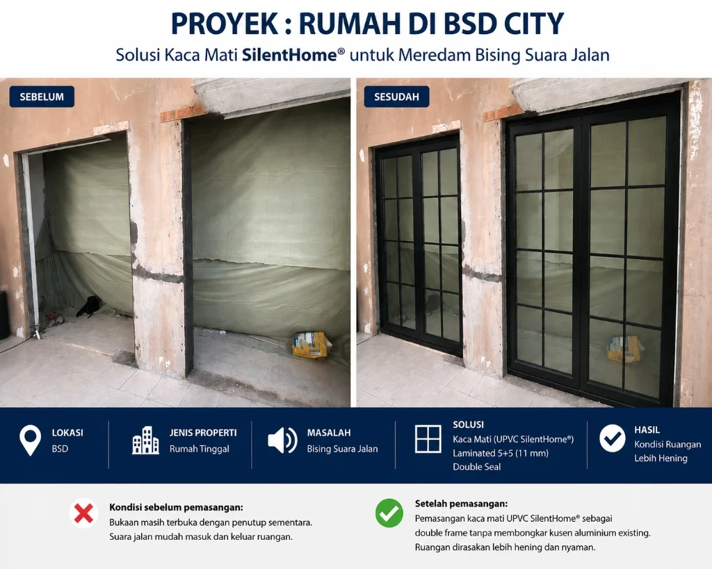 Perbandingan sebelum dan sesudah pemasangan kaca mati UPVC SilentHome di Rumah di BSD City
