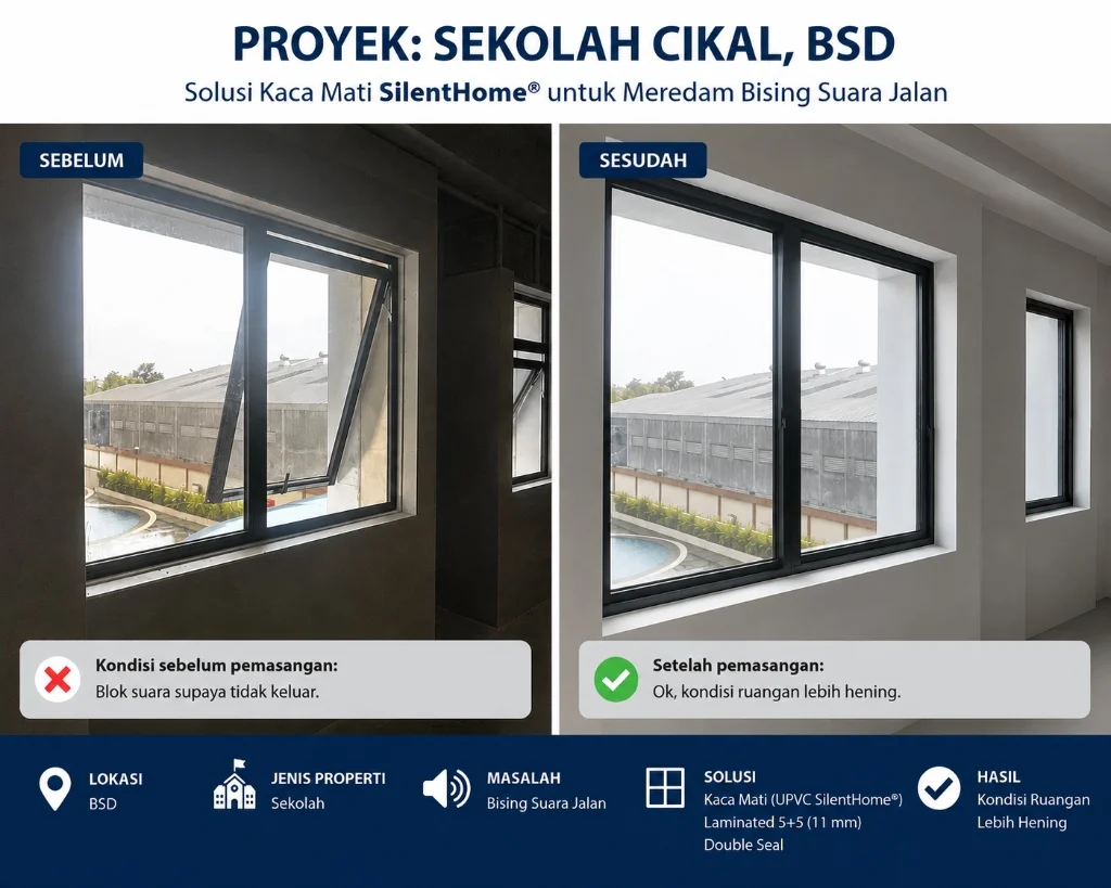 Perbandingan sebelum dan sesudah pemasangan kaca mati UPVC SilentHome di Sekolah Cikal BSD